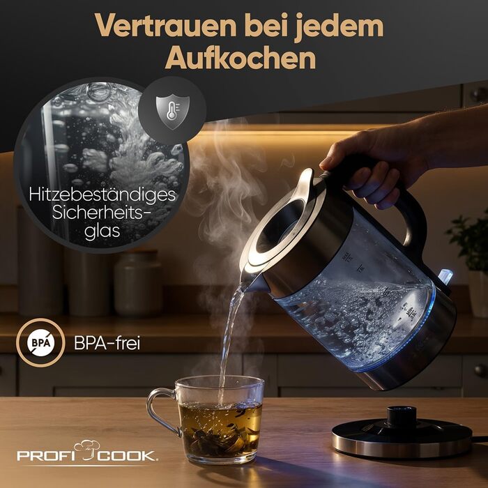 Скляний електрочайник ProfiCook PC WKS 1322, 1.7 л, 2200 Вт, підсвітка, корпус із нержавіючої сталі Dark-inox