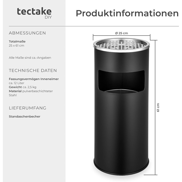 Попільничка вулична Tectake 30л з відром, металева, антрацит (чорний) Ø25x61 см