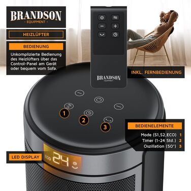 Тепловий обігрівач Brandson ECO Design з дистанційним керуванням, ECO-режимом та осциляцією, 2 рівні потужності, захист від перегріву та перекидання, колір Cool Grey
