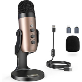 Zealsound USB мікрофон K66 Gold для ПК, смартфонів, PS4/5, конденсаторний, з шумозаглушенням, кнопкою вимкнення та ехоефектом, для ігор, запису, стрімінгу, YouTube, сумісний з Mac та Windows