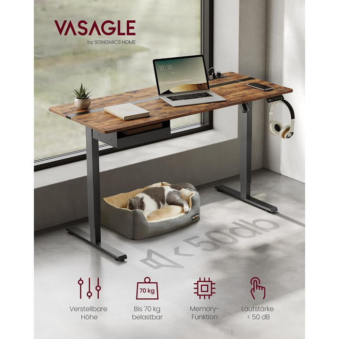 Електричний регульований стіл VASAGLE 140x60 см з розеткою та шухлядою, вінтажний коричнево-чорний LSD114X01