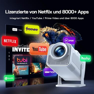 WOLFANG Міні проєктор 4K з Netflix, 26000 люмен, WiFi 6, Smart, 50% Zoom, 180° обертання, сумісний з TV Stick, iOS, Android, PC, PS5, HDMI, AV