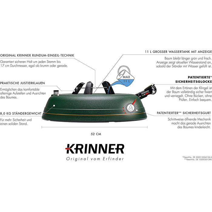 Підставка для ялинки KRINNER PREMIUM L зелена з педальним керуванням та тросовою системою. Безпечна дзвіночок для ялин висотою до 2,7м. Зроблено в Німеччині.