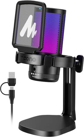 Ігровий USB мікрофон MAONO DGM20 з шумозаглушенням, конденсаторний для стрімінгу, подкастів, студії, сумісний з ПК, PS5/PS4, Mac, RGB-підсвітка, сенсорне вимкнення, регулятор гучності