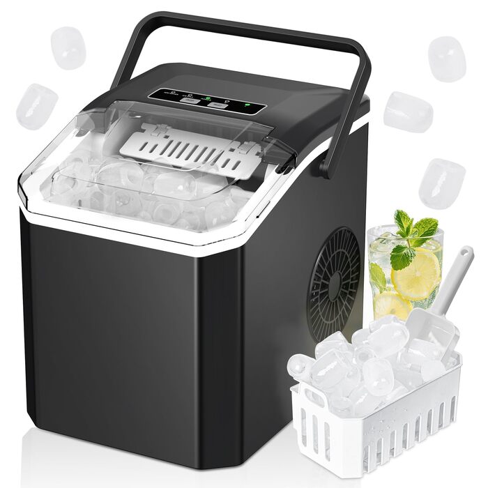 Льодогенератор Ice Cube Maker 12 кг/24 год, швидке виробництво льоду (6-8 хв), 2 розміри кубиків, самоочищення, чорний - для дому, офісу, бару