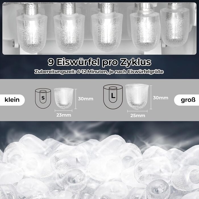 Льодогенератор побутовий Klein 12 кг/24год, швидкодія 9 кубиків за 6 хв, 2 розміри льоду, самоочищення, нержавіюча сталь, для дому, офісу, бару