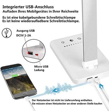 LED настільна лампа SLATOR, димована, 5 кольорів і 10 рівнів яскравості, з USB для зарядки смартфона, нічник, читальна лампа для дітей і дорослих, алюміній, срібляста, модель QM019