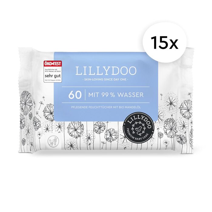 Дитячі вологі серветки LILLYDOO з 99% водою, гіпоалергенні, 900 шт (15 пачок по 60 шт)