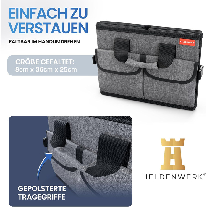 Складаний органайзер у багажник автомобіля HELDENWERK® Premium з антиковзаючим кріпленням на липучках, темно-сірий