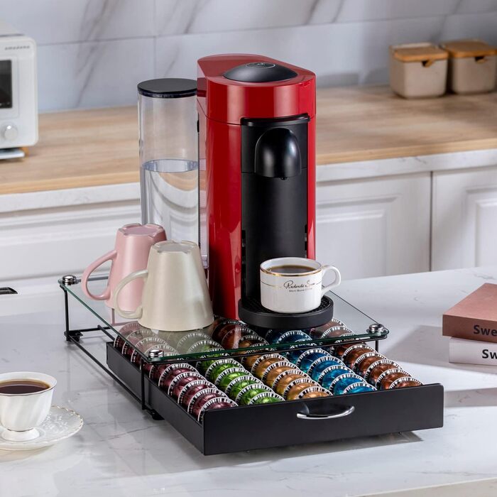 Організатор для капсул Nespresso Vertuo: металевий підставка на 50 капсул, чорний колір, зі скляною кришкою