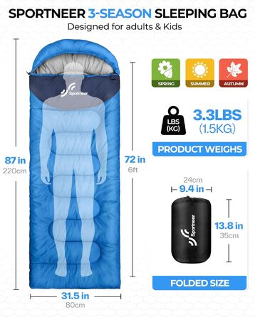 Спальний мішок Outdoor для дітей та дорослих, легкий та компактний (220x80 см, небесно-блакитний, температурний режим 10-26 °C)