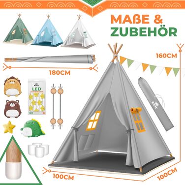 Дитячий ігровий намет KIDIZ Tipi 100x100x160 см з бавовни з LED-гірляндою, світловою зіркою, прапорцевою гірляндою, 3 плюшевими іграшками, килимком і сумкою для зберігання, для дому та вулиці