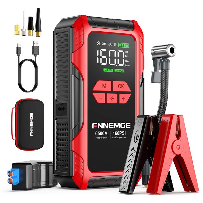 Пусковий пристрій (бустер) FNNEMGE 26800mAh 6500A з компресором 160PSI для авто (бензин та дизель до 10.0л), LCD-дисплей, LED-ліхтарик