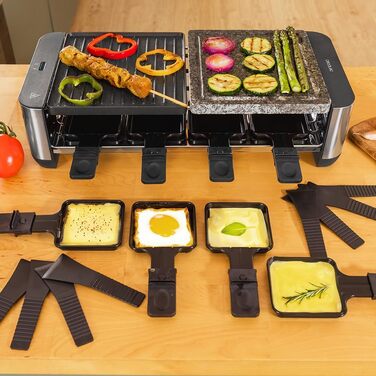 Електричний гриль-раклениця Cecotec MixGrill 16000 Inox – 1400 Вт, 8 персон, з регулюванням температури, 2 нагрівальні пластини (алюміній та натуральний камінь) 20x22 см, 8 сковорідок та 8 лопаток
