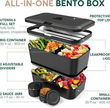 Ланчбокс Umami Bento 1500 мл, герметичний, для дорослих, чорний онікс, контейнер для їжі XL, багатосекційний, для чоловіків