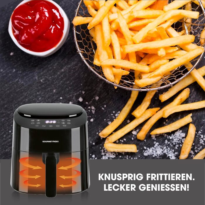 Аерофритюрниця GOURMETmaxx 4,5 л, 1400 Вт, 8 програм, чорна, маложирне приготування, таймер, автоматичне вимкнення