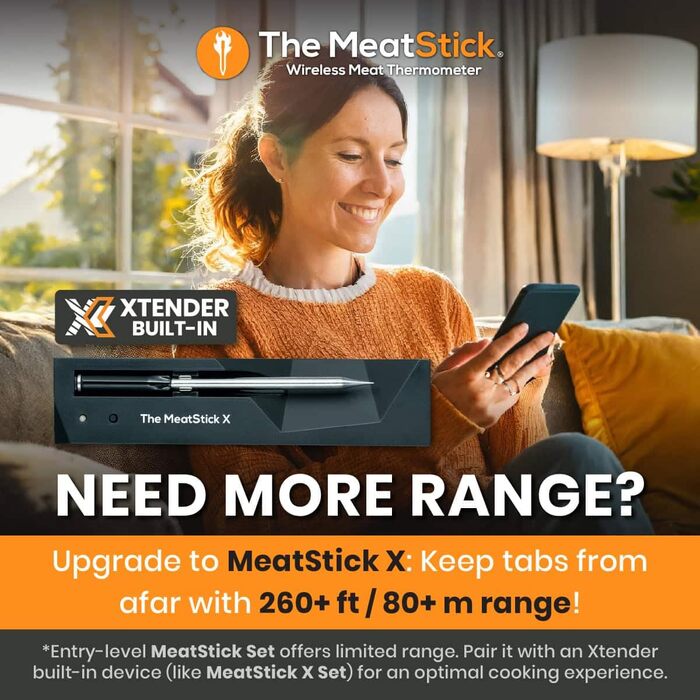 Термометр для м'яса MeatStick з додатком: бездротовий термометр для приготування м'яса з радіусом дії 10м, точний вимірювач температури до 300°C, термометр для гриля з датчиком 92мм, з зарядним пристроєм TC600P