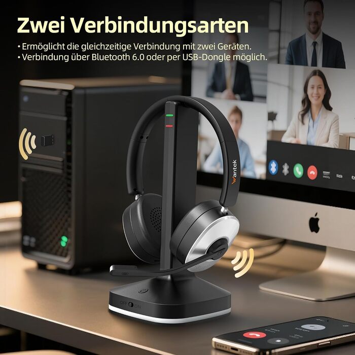 Бездротова гарнітура Wantek з мікрофоном та зарядною станцією, Bluetooth-навушники з USB-адаптером для кол-центру, офісу, Zoom, Skype та Teams, чорно-сріблясті
