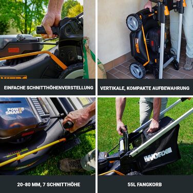 Акумуляторний газонокосарка WORX WG749E 40V PowerShare з радіоприводом, безщітковий двигун, ширина зрізу 46 см, 7 положень висоти зрізу, чорний (Modern), з акумулятором та зарядним пристроєм