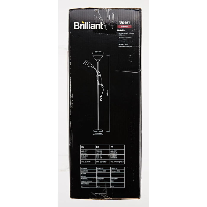 Торшер Brilliant Spari 1,8 м, чорний/білий, для вітальні, LED, з лампою для читання, зручне керування, підходить для будь-якої оселі