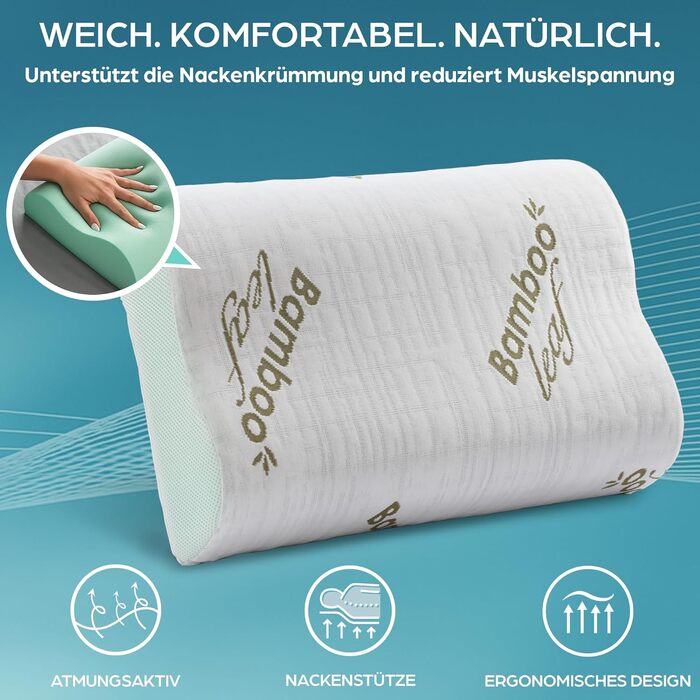 Ортопедична подушка для шиї з піни Memory Foam з Aloe Vera, знімний бамбуковий чохол. Для ліжка, при болях у шиї та підтримки хребта