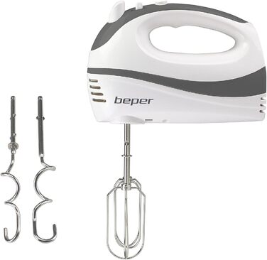 BEPER P102SBA100 електричний міксер для яєць, крему та тіста, 300 Вт, 2 насадки, біло-сірий