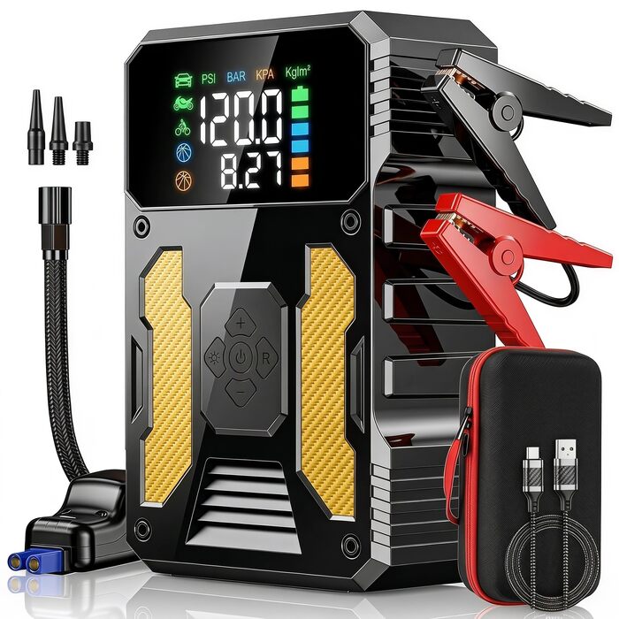 Пусковий пристрій (бустер) для авто 3000A з компресором 150 PSI, портативний Powerbank для PKW, SUV, дизель до 8L, з LED-ліхтарем та PD