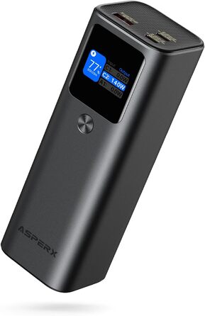 Power Bank AsperX 20000mAh, 165W, 2x USB-C 100W, Алюмінієвий Корпус, Вбудований Кабель 60см, TFT-Дисплей, для iPhone, MacBook, Samsung