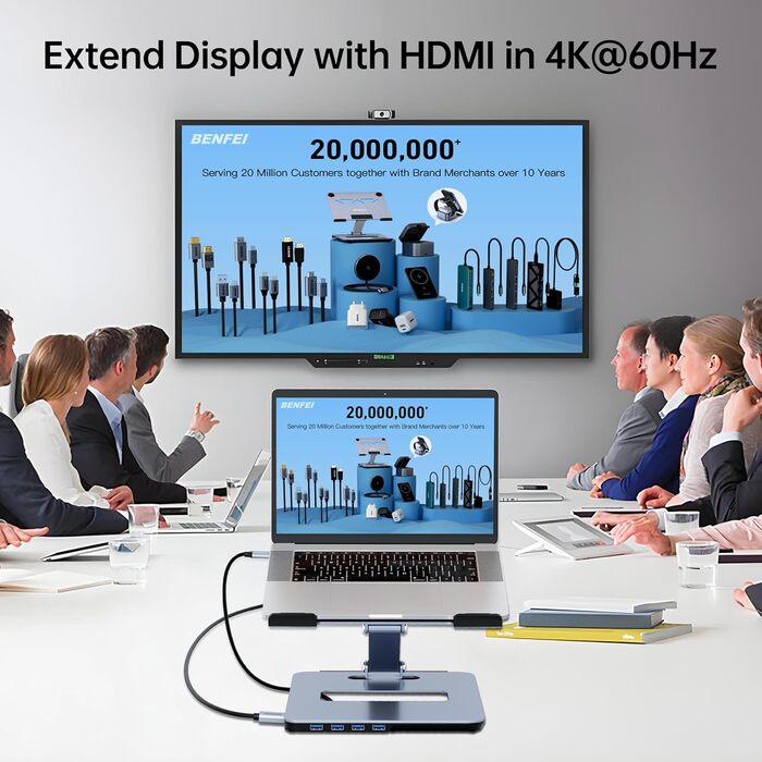 Підставка для ноутбука BENFEI з алюмінію та USB-C док-станцією 6в1, HDMI 4K@60Hz, 4*USB3.0, 100W PD, сумісна з MacBook Pro/Air, iPad Pro, XPS, Thinkpad