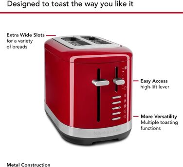 Тостер KitchenAid для 2 скибок - ретро дизайн, нержавіюча сталь, червоний Empire. 7 функцій