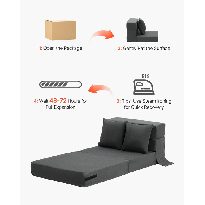Диван-ліжко VEVOR 3-в-1 розкладний, з подушками, знімним чохлом, піна Memory Foam, сірий (односпальний) 1860x730x150 мм