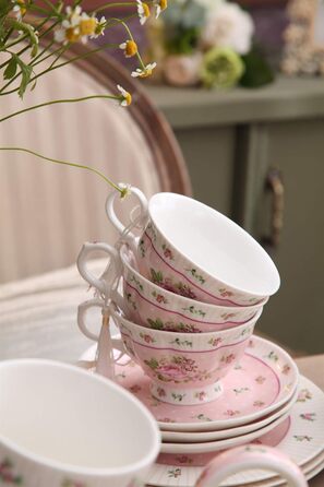 Чашка та блюдце з порцеляни Shabby Chic Vintage з птахом, метеликом і квітами у подарунковій коробці (рожевий колір)