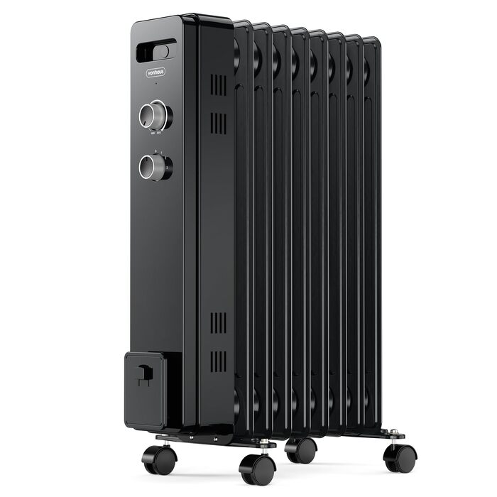 Масляний обігрівач VonHaus 2500W, електричний радіатор з термостатом, 3 режимами нагріву та таймером на 24 години, 9 секцій (Чорний)