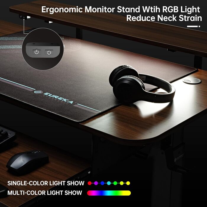 Електричний кутовий стіл для геймінгу EUREKA ERGONOMIC 155x110 см, з регулюванням висоти, клавіатурною полицею, LED-підставкою для монітора, лівий, колір горіх