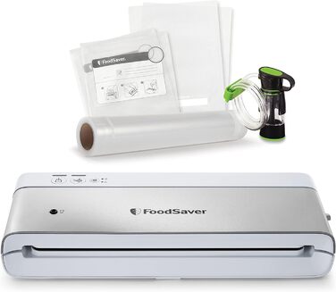 Компактний вакууматор FoodSaver VS0100X з ручним пристроєм для вакуумування, сріблястий (1 рулон та 4 пакети в комплекті)