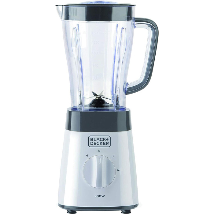 Блендер BLACK+DECKER 500Вт, 1,5л, скляна чаша, 2 швидкості, пульс, 4-лопатевий ніж, легке очищення, білий/сірий