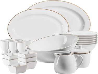 Набір порцелянового посуду MÄSER Professional Dining 24 предмети, білий із золотою облямівкою: миски, яйцятниці, цукорниця, молочник, соусники, сервірувальні страви