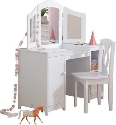 Дитячий туалетний столик KidKraft Deluxe з дзеркалом і стільчиком, білий, дерев'яний, для дітей, з шухлядами, меблі для дитячої кімнати, 13018
