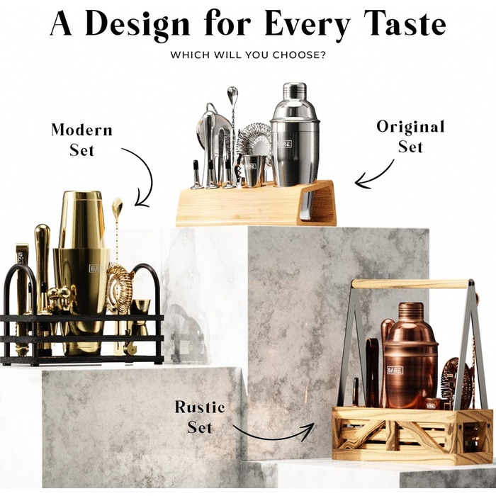 Набір для коктейлів BARE BARREL Mixology Barkeeper-Set, 16 предметів, з коблер-шейкером 24oz, аксесуарами для бару та картками рецептів, латунь/чорний