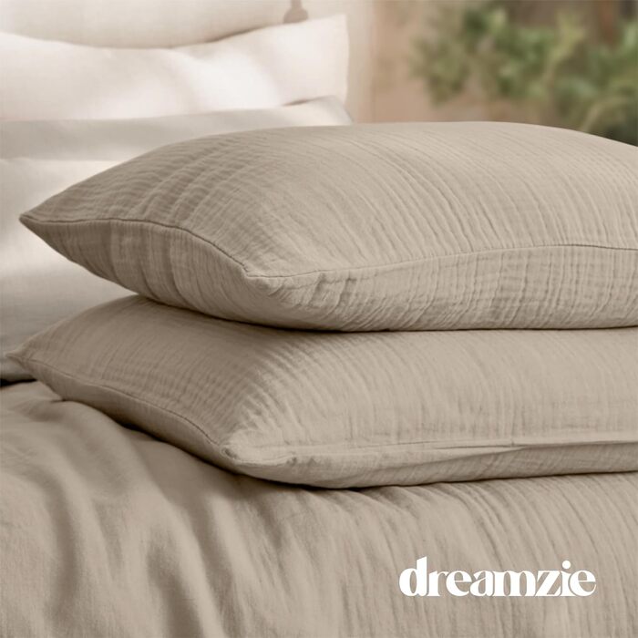 Набір постільної білизни Dreamzie з мусліну 135x200 см, 100% бавовна (4 шт.) – 2 наволочки 80x80 см, 2 наволочки 80x80 см, закривається на блискавку, сертифікат Oeko-Tex, колір: тауп