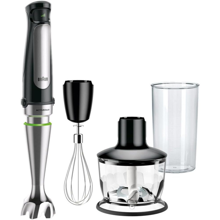 Блендер Braun MultiQuick 7 MQ 7035X, 1000 Вт, ручний, знімна ніжка з нержавіючої сталі, технологія ActiveBlade, набір аксесуарів, чорний