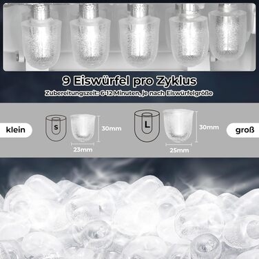 Льодогенератор побутовий Klein 12 кг/24год, швидкодія 9 кубиків за 6 хв, 2 розміри льоду, самоочищення, нержавіюча сталь, для дому, офісу, бару