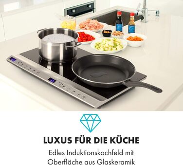 Портативна індукційна плита Klarstein Cucinata, подвійна, 3100 Вт, сенсорне управління, таймер, захист від перегріву, блокування від дітей, 10 рівнів потужності, сенсор для посуду, склокераміка, срібляста
