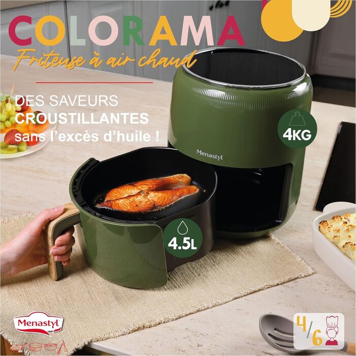 Аерофритюрниця MENASTYL Colorama без олії, 4.5 л, 8 програм, до 200°C, таймер 1 год, без PFAS, колір олива, 6025006