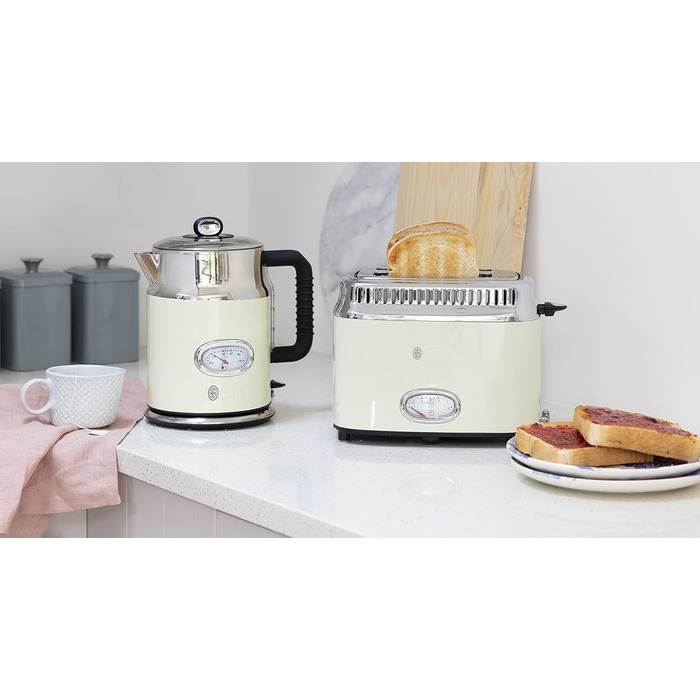 Тостер Russell Hobbs Retro 21680-56 нержавіюча сталь, 2 відділення, кремовий. З підставкою для булочок, 6 режимів, розморожування та підігрів, 1300 Вт