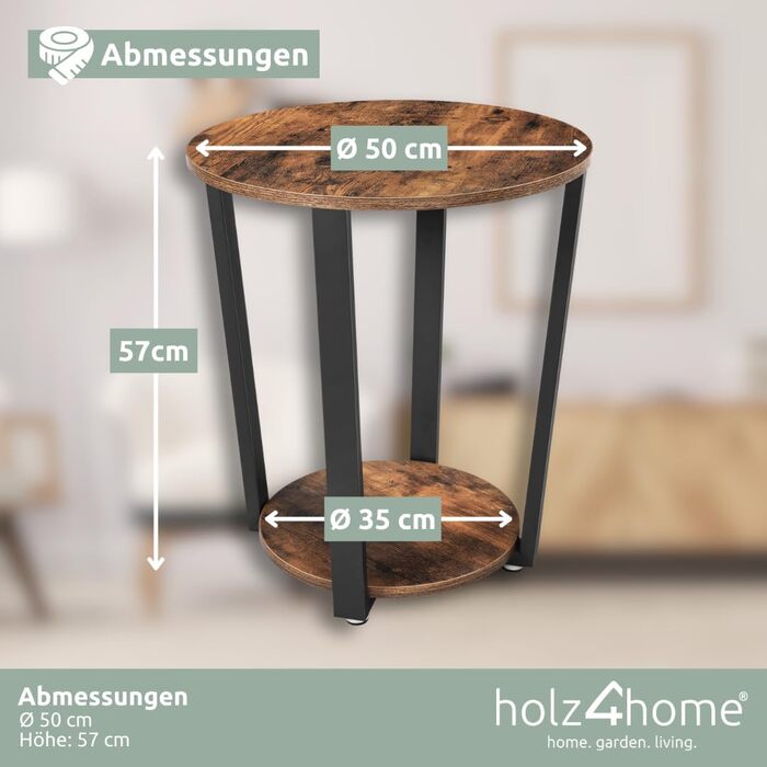 Журнальний стіл holz4home Lorie, круглий, з полицею, 50x57 см, індастріал, коричневий, легка збірка