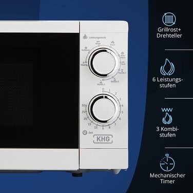 Мікрохвильова піч KHG MW-20.1GW з грилем, 20 л, біла, метал, 1270 Вт, 6 режимів, таймер, захист від дітей