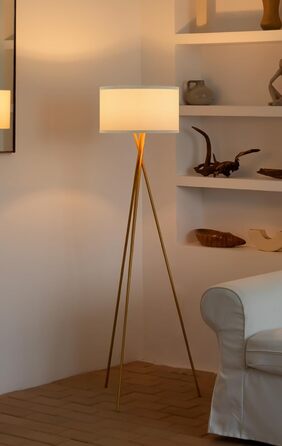 Сучасна торшерна лампа Home Sweet Home, золота, метал, LED E27 9Вт 2700K, тринога, білий абажур, для вітальні та спальні