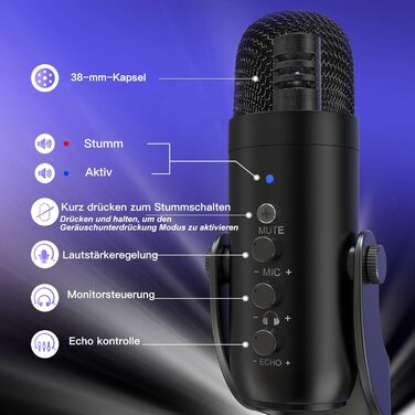 Zealsound USB конденсаторний мікрофон для ПК, смартфонів, PS4/PS5, подкастів, стрімінгу, запису, ASMR, з функціями Mute, Gain, Echo, адаптером для телефону, сумісний з Mac і Windows