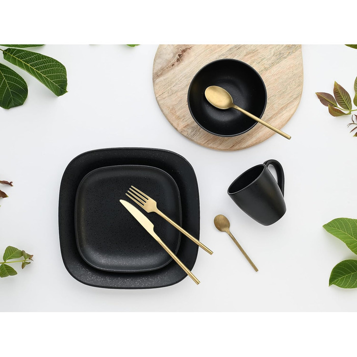 Набір посуду CreaTable Magic Black Square, 16 предметів, комбісервіс з кам'яної кераміки, для посудомийної машини та мікрохвильовки, вироблено в Португалії